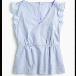 J. Crew Swiss Dot Peplum Ruffled Cap Sleeve Blouse V Neck Back Zip Up 0 Blue